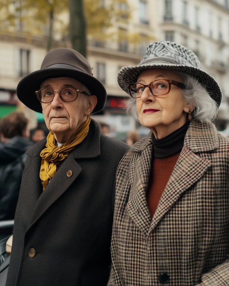 Older couple in elegant coats and hats on a city street