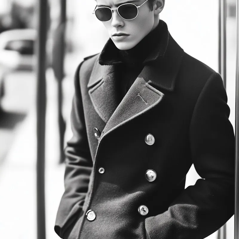 Man in sunglasses and tailored coat with hands in pockets