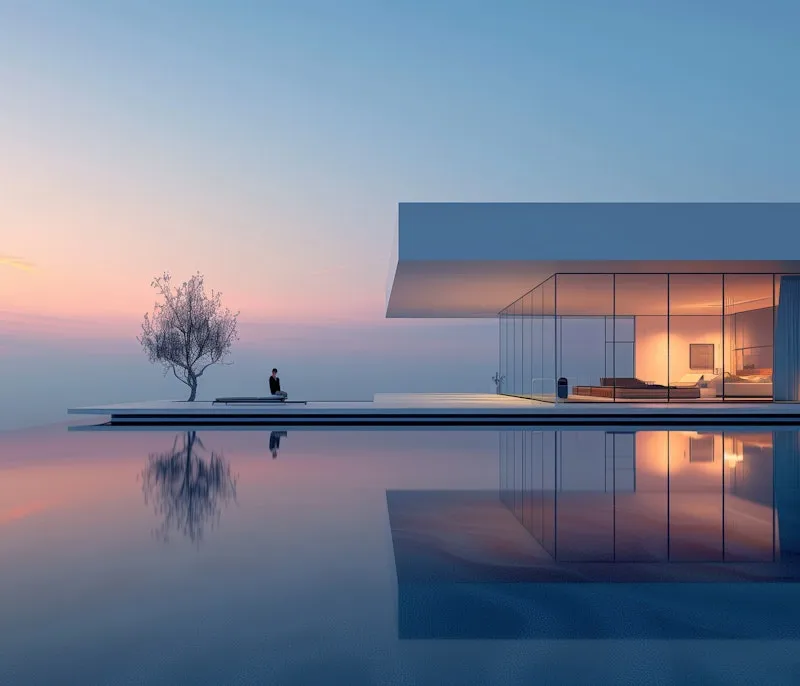 Modern home with sunset reflection in water