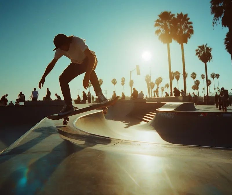 Skater performing trick at Venice skatepark during sunset