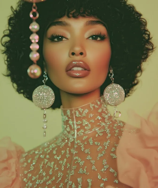 Woman in crystal bodysuit with disco earrings