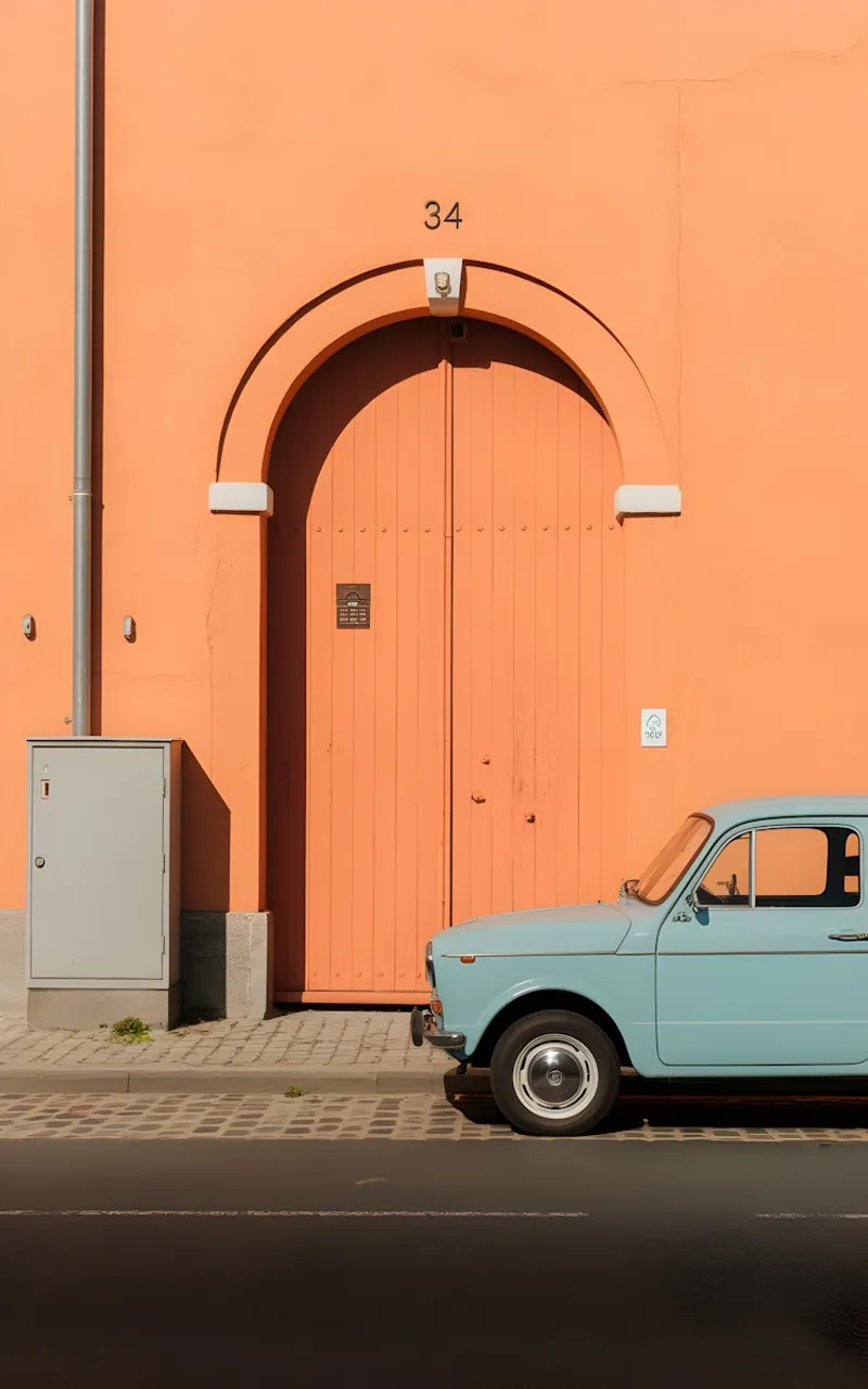 Sunset over a beach road with a classic VW van and a distant figure