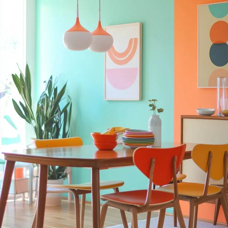 Mid-century dining area with colorful chairs and mint-orange walls