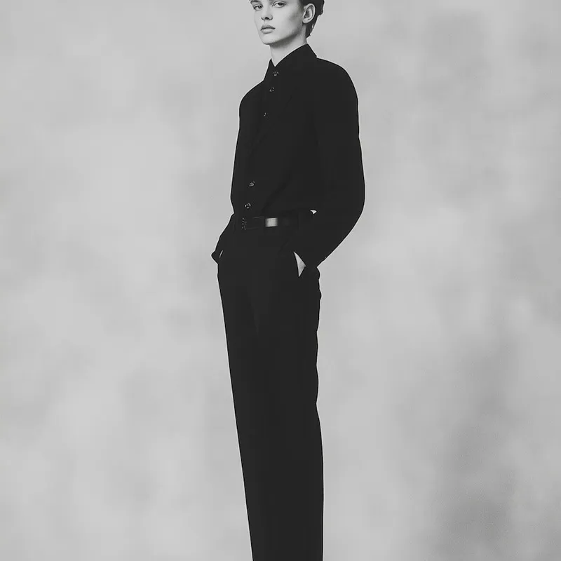 Full-body portrait in dark suit against grey backdrop