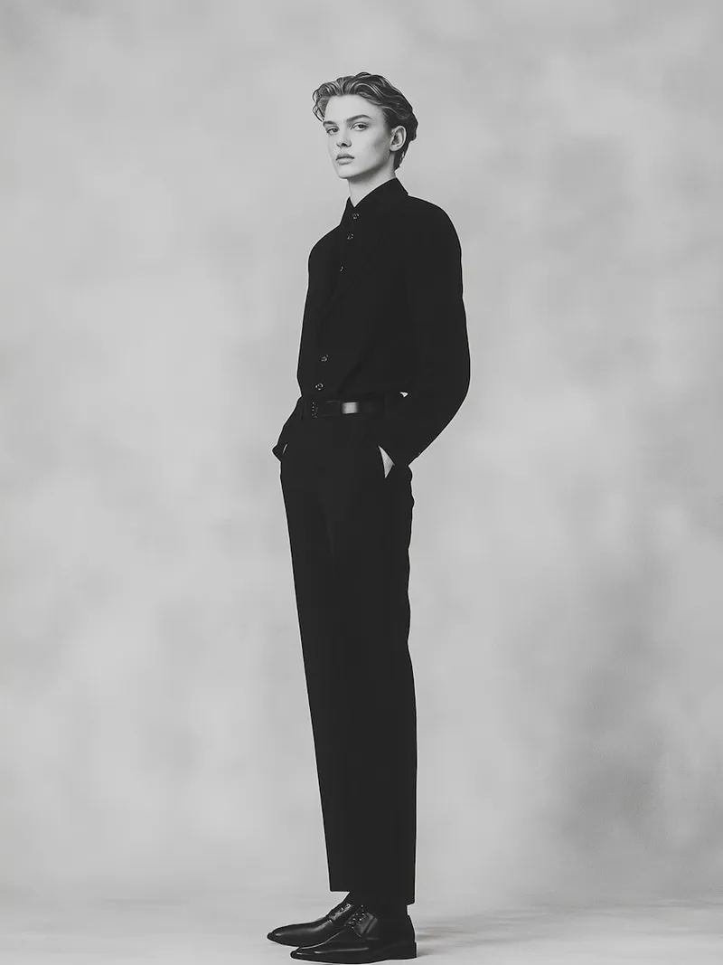 Full-body portrait in dark suit against grey backdrop