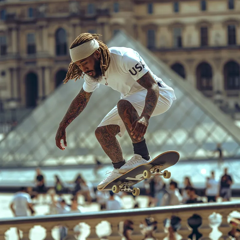Tattooed skater doing an ollie in front of the Louvre pyramid