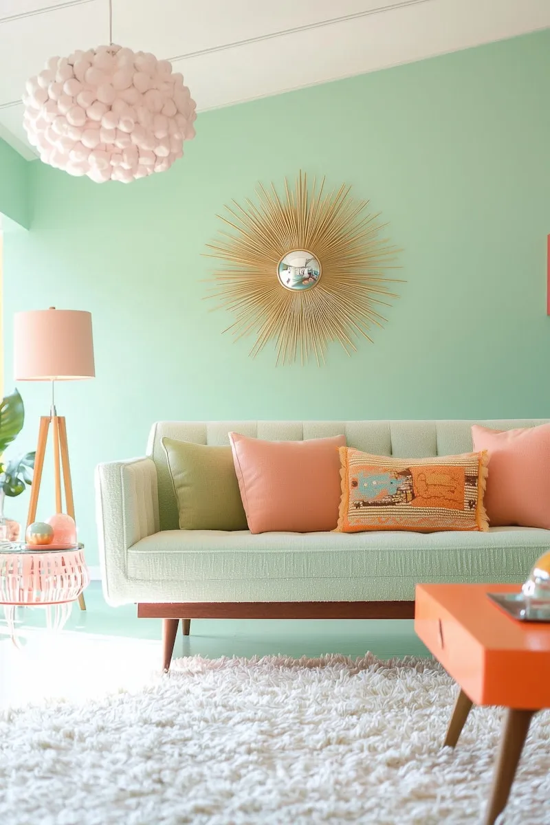 Pastel living room with mint walls and a golden sunburst mirror