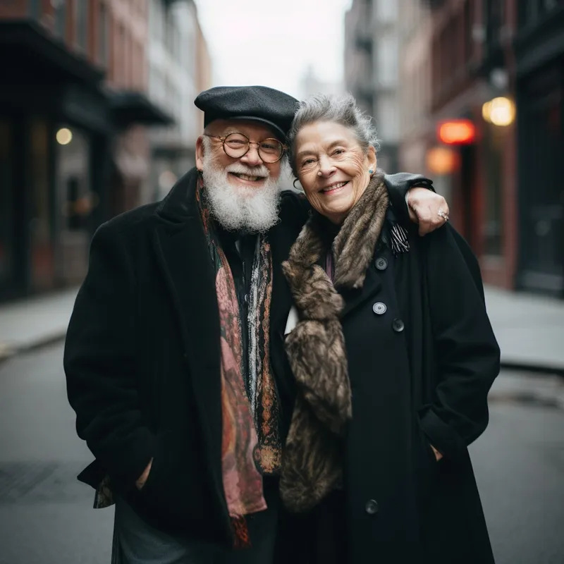 Happy senior couple smiling arm-in-arm on a quiet street