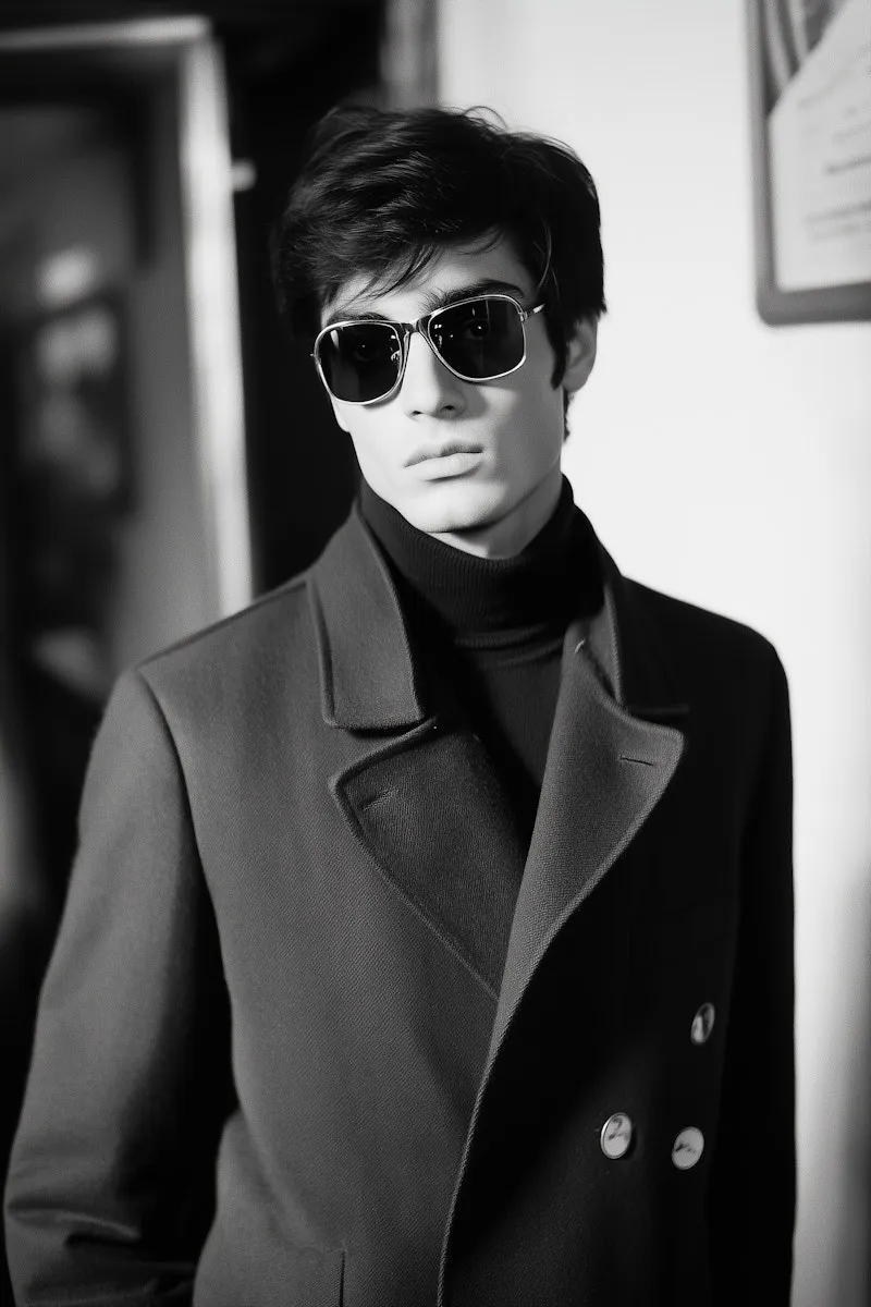 Man in sunglasses and dark coat looking to the side