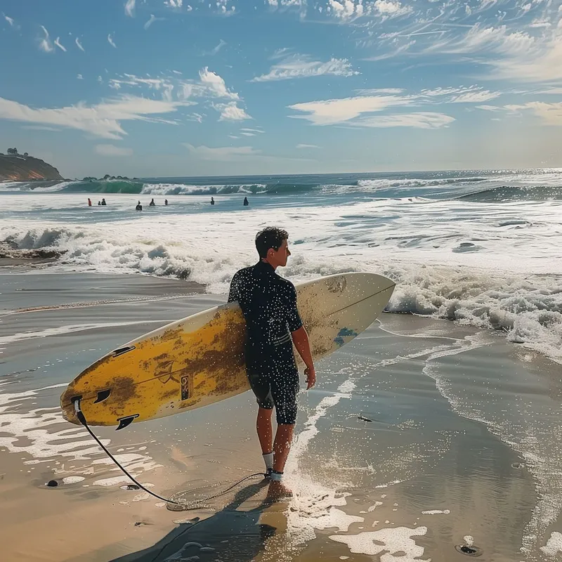 Surfer holding a board and walking along the shoreline