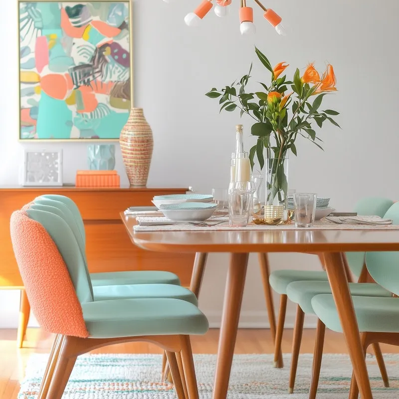 Retro dining setup with mint chairs and abstract art
