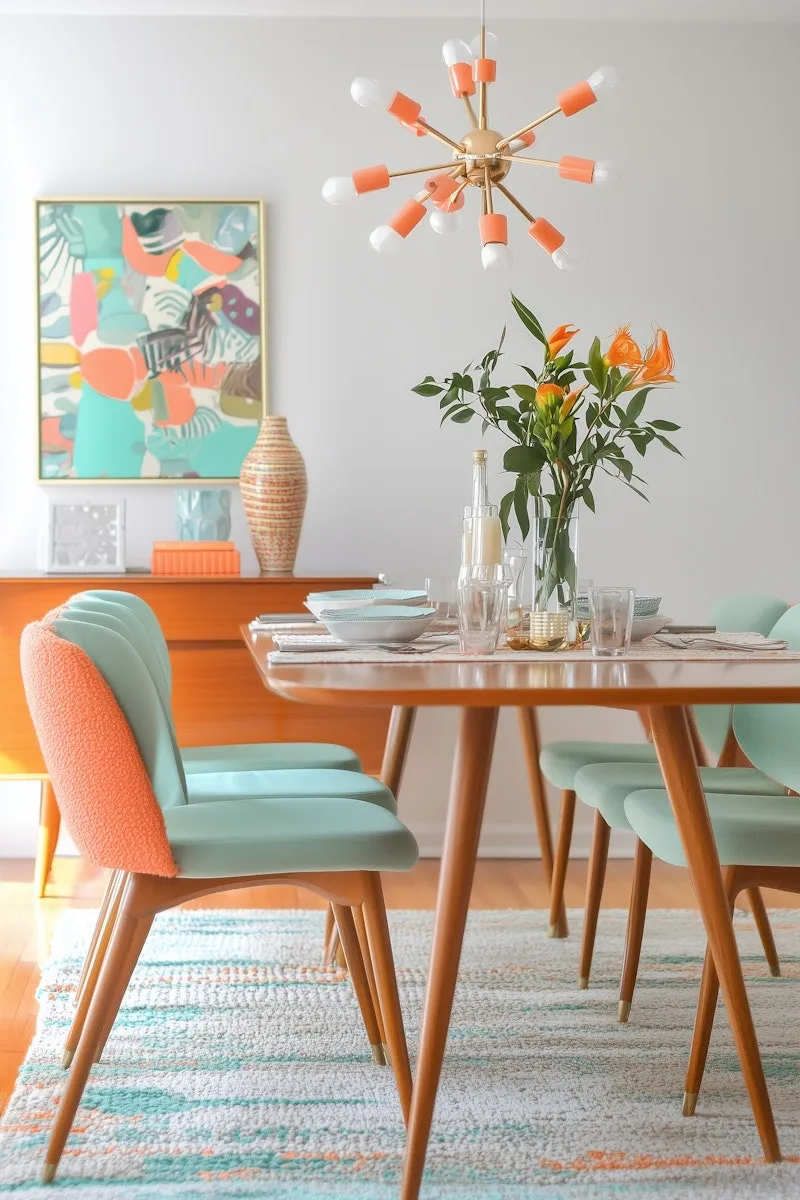 Retro dining setup with mint chairs and abstract art