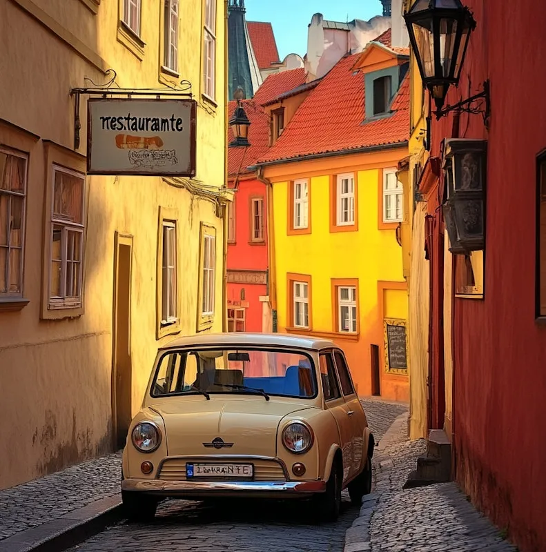 Another view of the vintage car on a winding European street