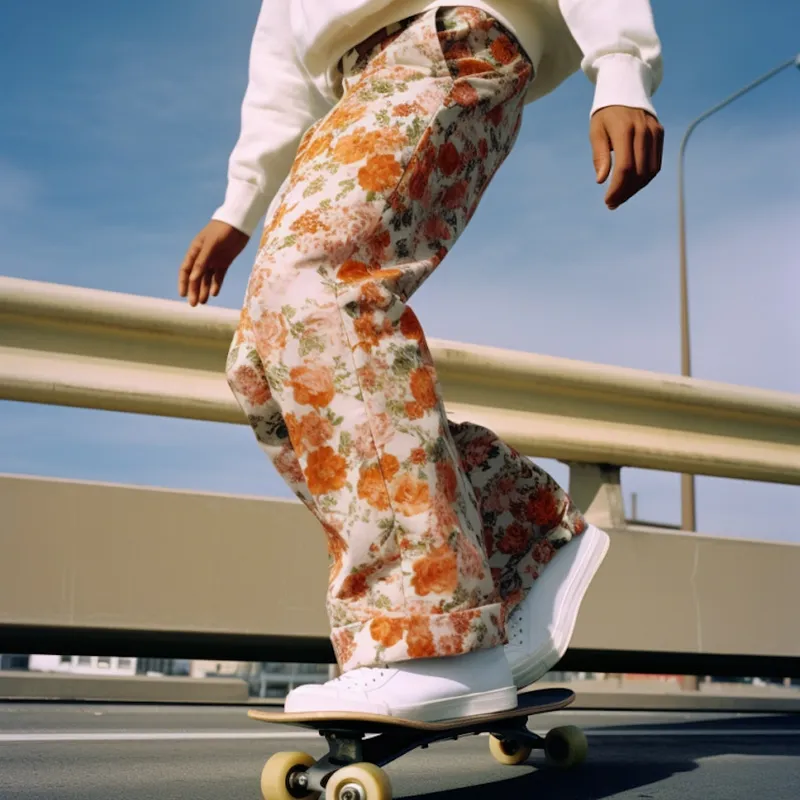 Skater in floral pants cruising on a road