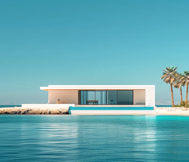 Island home with turquoise waters and palm trees