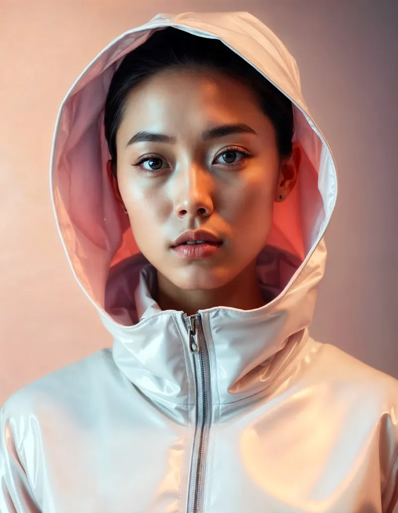 Centered portrait with a subtle pink light reflecting on her face