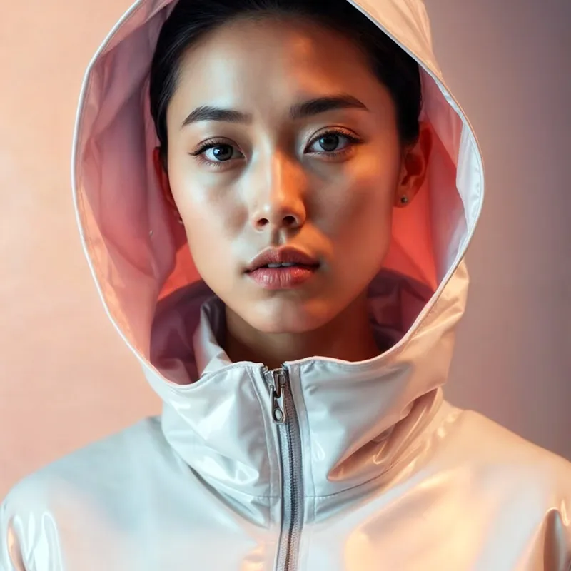 Centered portrait with a subtle pink light reflecting on her face