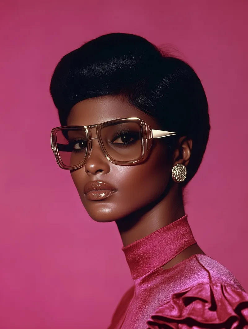 Bold studio portrait in metallic pink dress