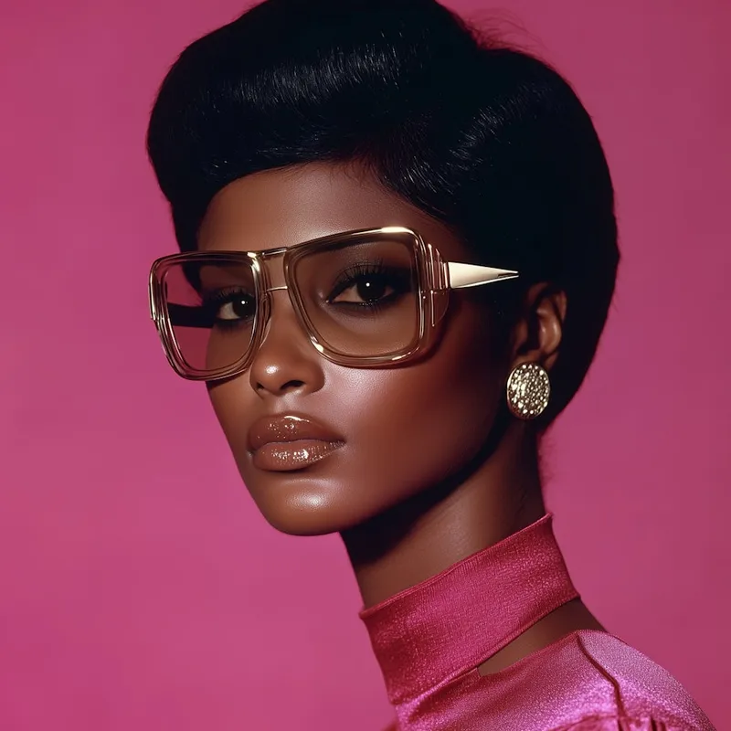 Bold studio portrait in metallic pink dress