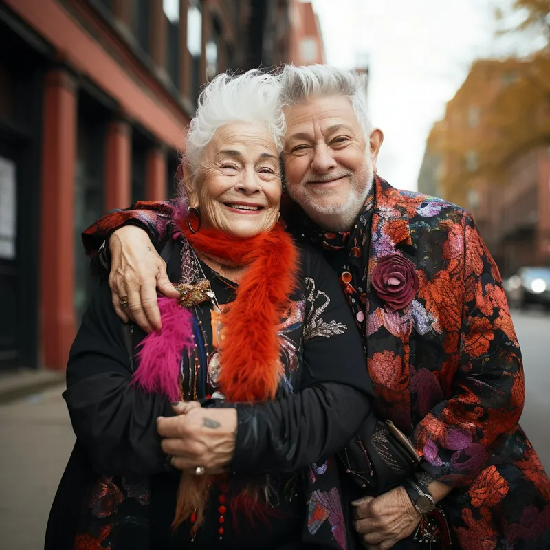 Vibrant older couple in colorful, expressive clothing