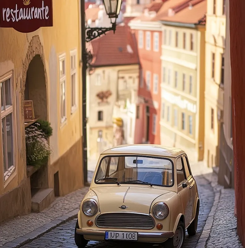 Peach-toned retro van parked on a quiet urban street