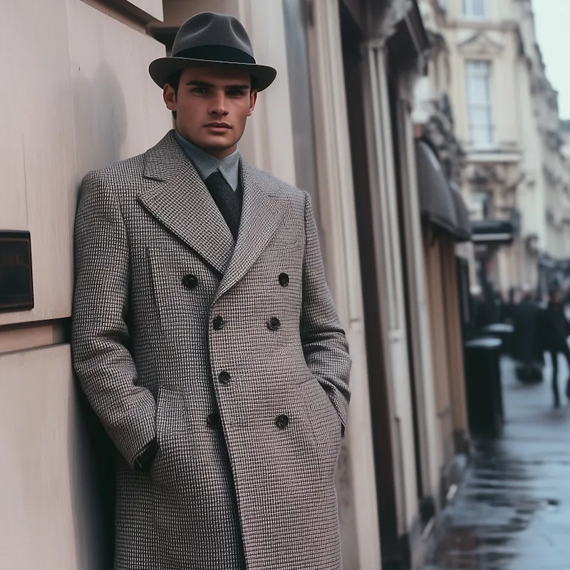 Man in checkered overcoat and fedora on city street