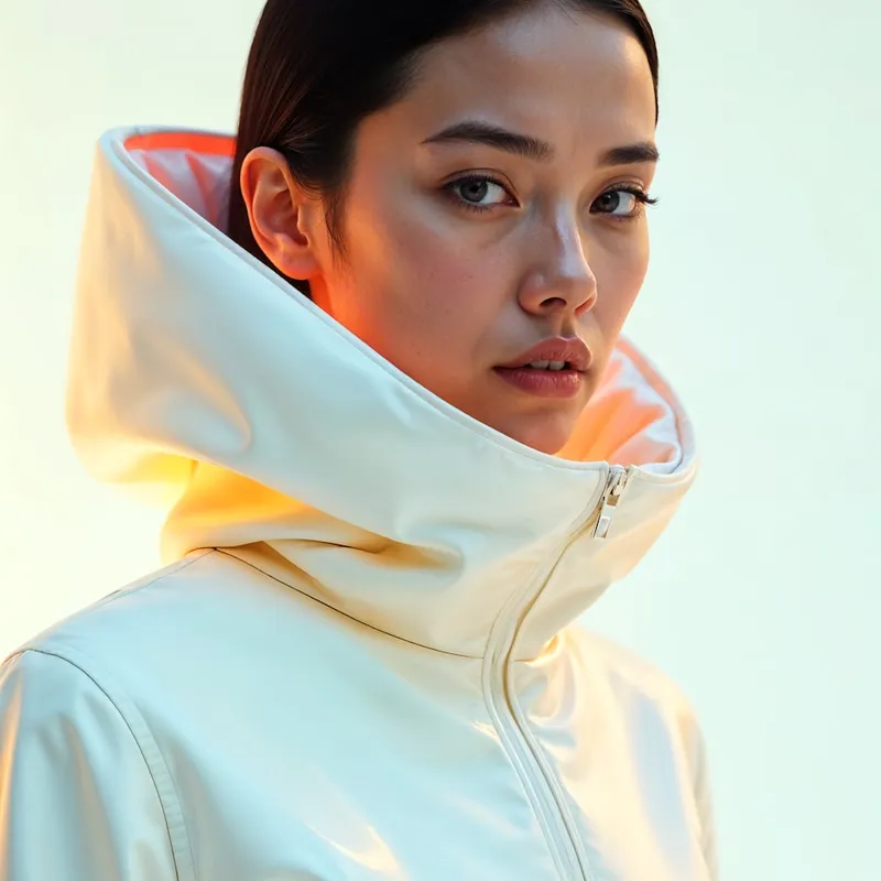 Portrait of a woman in a glossy white hooded outfit with soft lighting