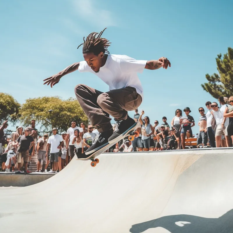 Silhouetted skateboarder mid-trick at a skatepark