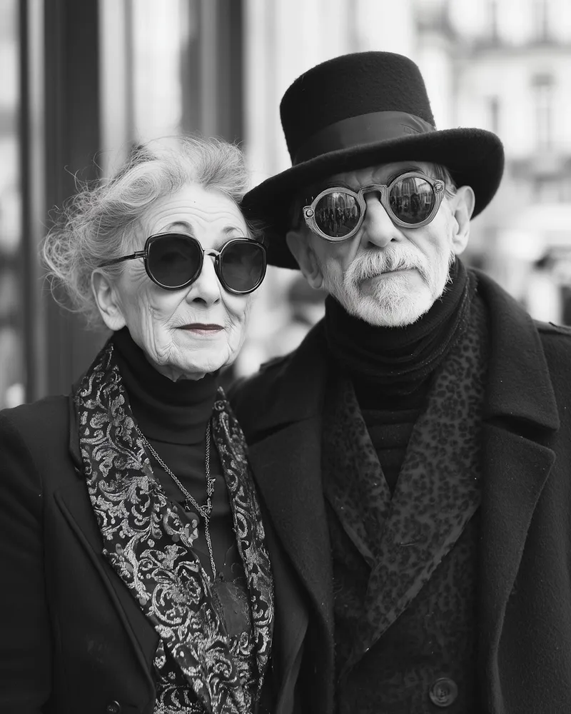 Stylish older couple in coats and hats standing confidently