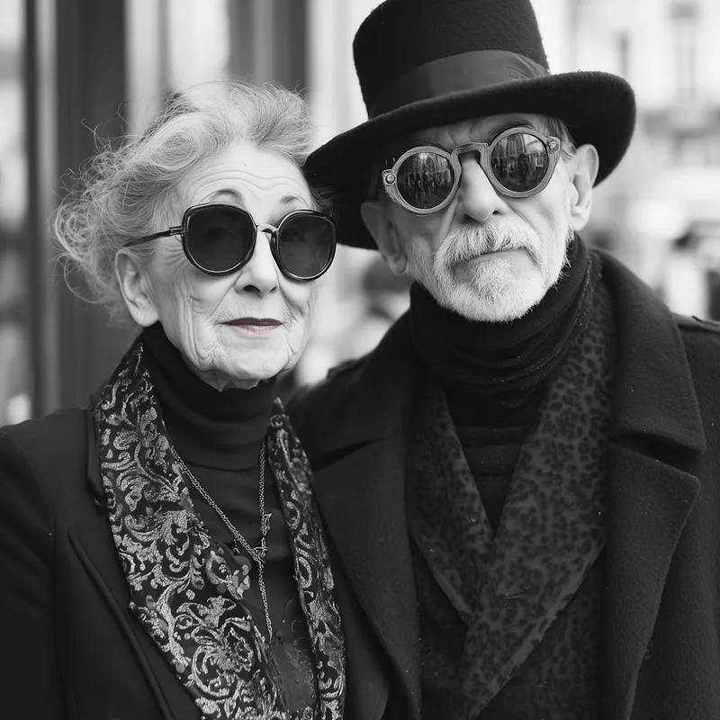 Stylish older couple in coats and hats standing confidently