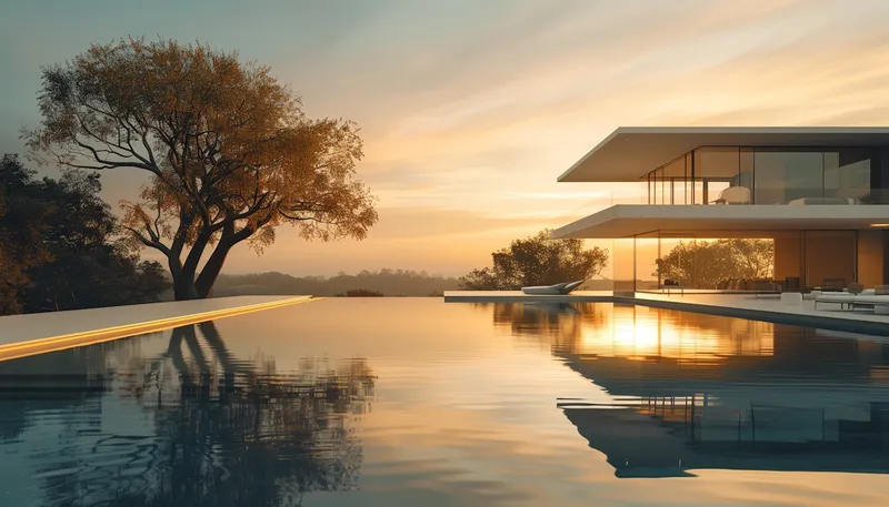 Modern seaside home at sunset with infinity pool