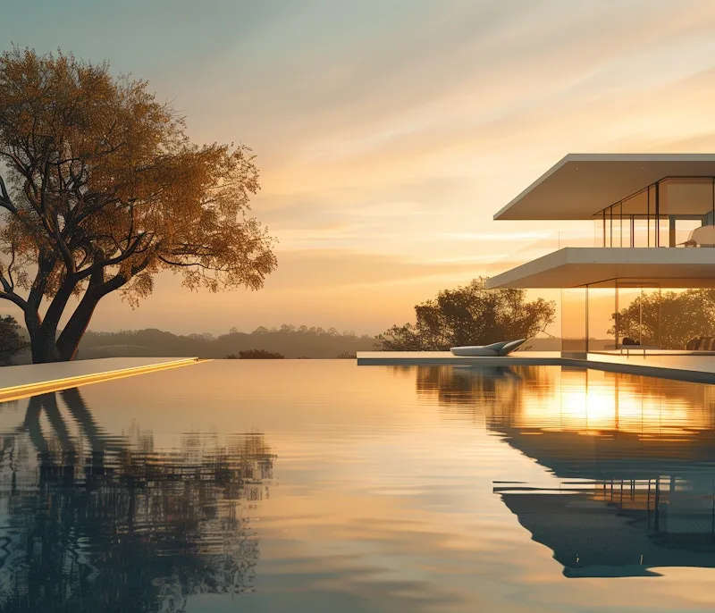 Modern seaside home at sunset with infinity pool