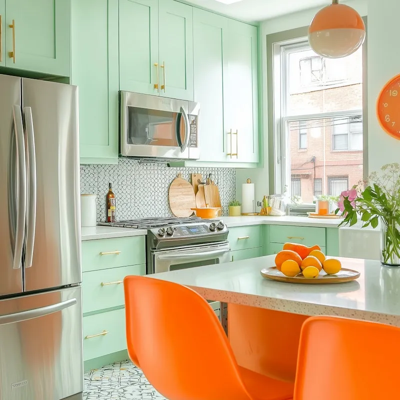 Colorful mid-century dining room with mint and orange tones